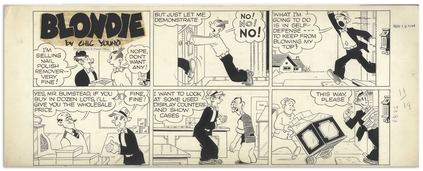 Chic Young Hand-Drawn ''Blondie'' Sunday Comic Strip From 1944 -- Dagwood Has Had Enough With Salesmen